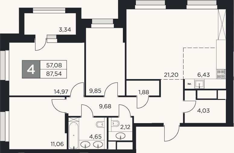 Планировка: 4+ к, 85,9 м²