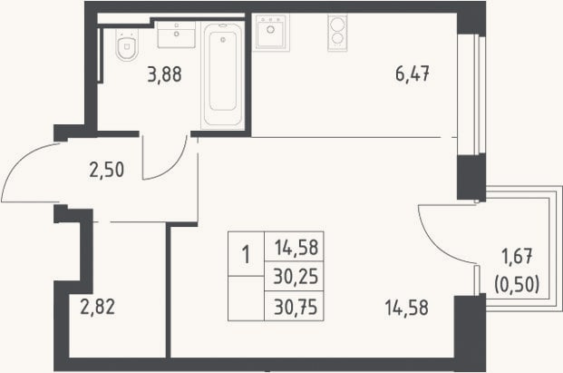 Планировка: Студия, 30,3 м²