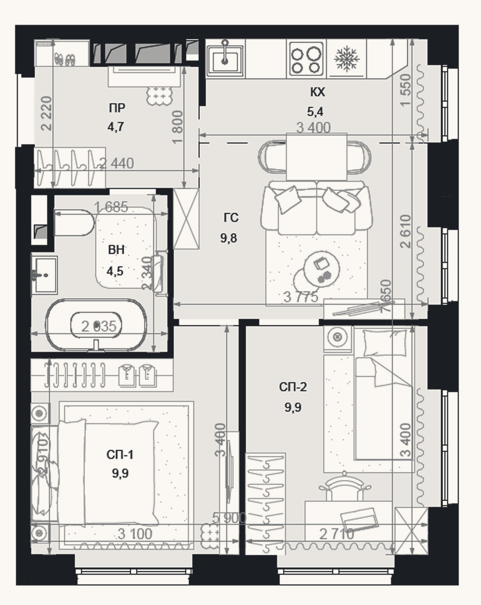 Планировка: 3-к, 44,2 м²