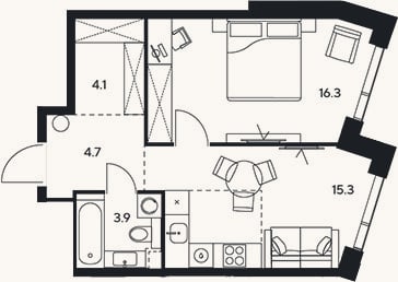 Планировка: 2-к, 44,3 м²