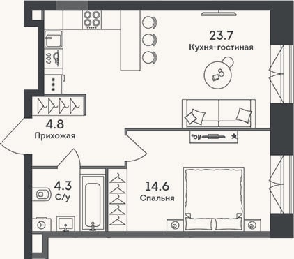 Планировка: 2-к, 47,4 м²