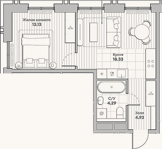 Планировка: 1-к, 40,7 м²