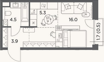 Планировка: Студия, 29,7 м²