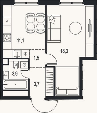 Планировка: 1-к, 38,5 м²