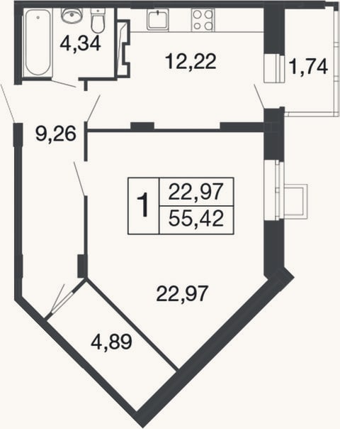 Планировка: 1-к, 53,7 м²