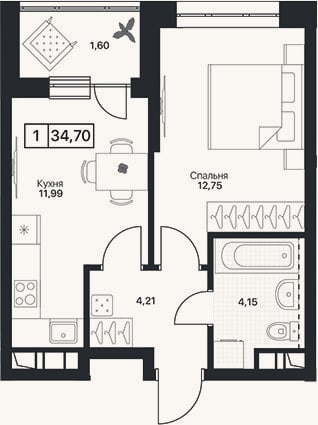 Планировка: 1-к, 33,1 м²