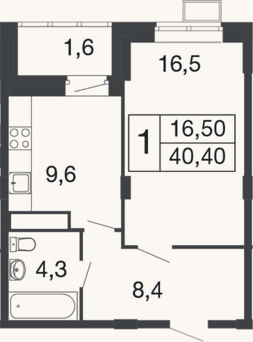 Планировка: 1-к, 38,8 м²