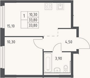 Планировка: 2-к, 33,8 м²
