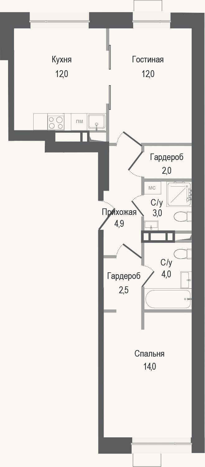 Планировка: 2-к, 54,4 м²