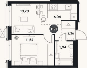 Планировка: 2-к, 34,1 м²