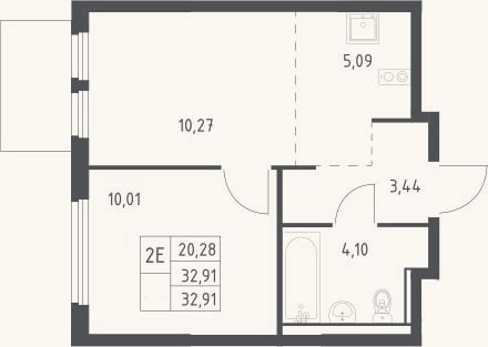 Планировка: 2-к, 32,9 м²