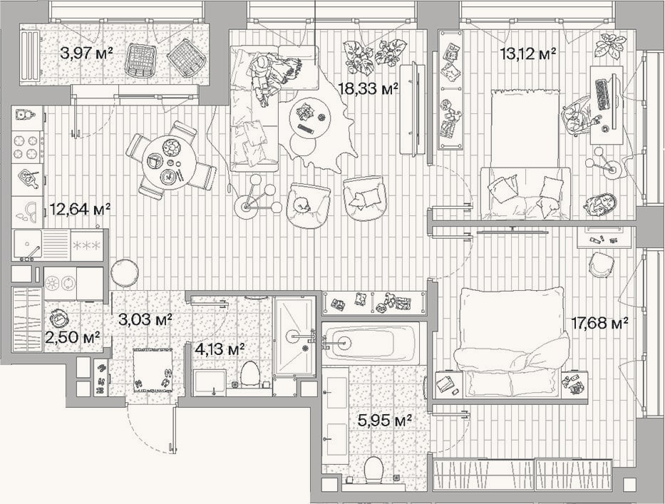 Планировка: 3-к, 77,4 м²