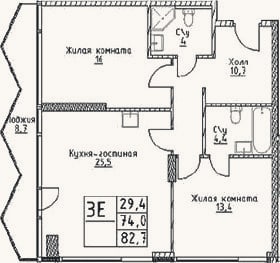 Планировка: 3-к, 74 м²