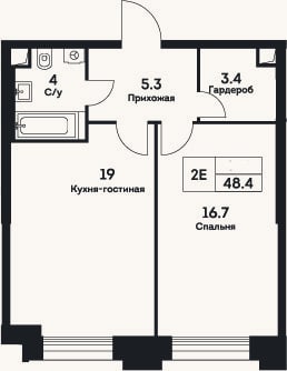 Планировка: 2-к, 48,4 м²