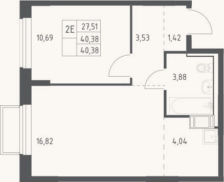 Планировка: 2-к, 40,4 м²
