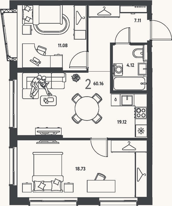Планировка: 2-к, 60,2 м²