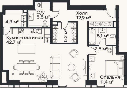 Планировка: 2-к, 89,6 м²