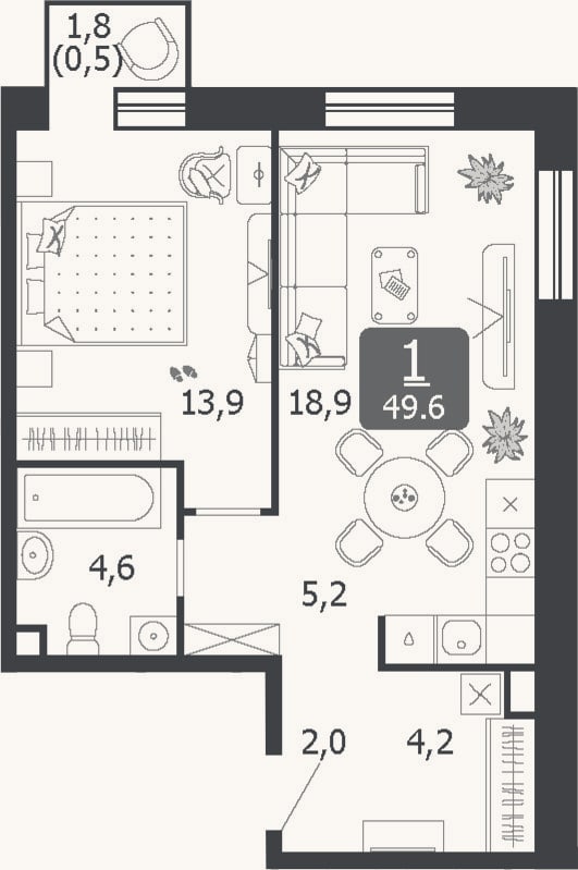 Планировка: 2-к, 49,1 м²