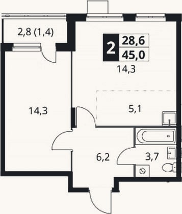 Планировка: 2-к, 43,6 м²