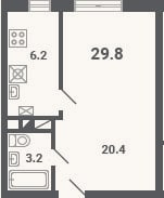 Планировка: 1-к, 29,8 м²