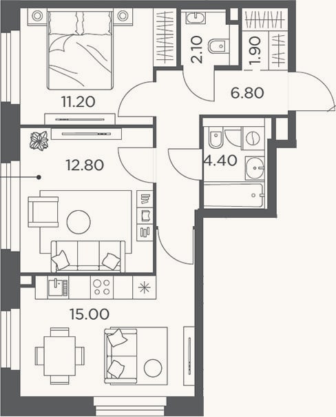 Планировка: 2-к, 54,2 м²