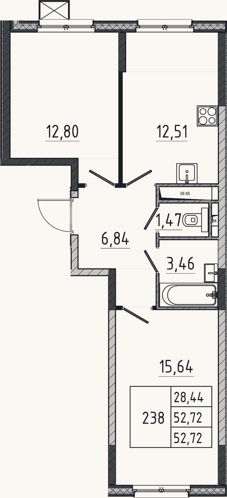 Планировка: 2-к, 52,7 м²