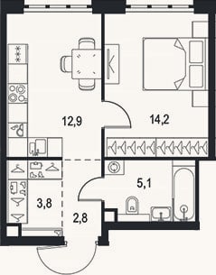 Планировка: 1-к, 38,8 м²