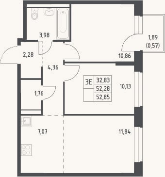 Планировка: 3-к, 52,3 м²