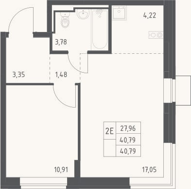 Планировка: 2-к, 40,8 м²