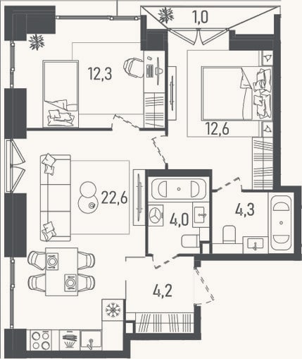 Планировка: 3-к, 60 м²