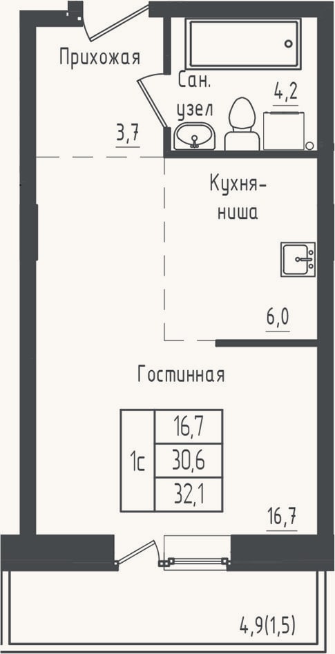 Планировка: Студия, 30,6 м²