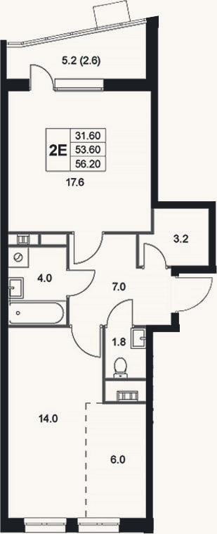 Планировка: 2-к, 53,6 м²