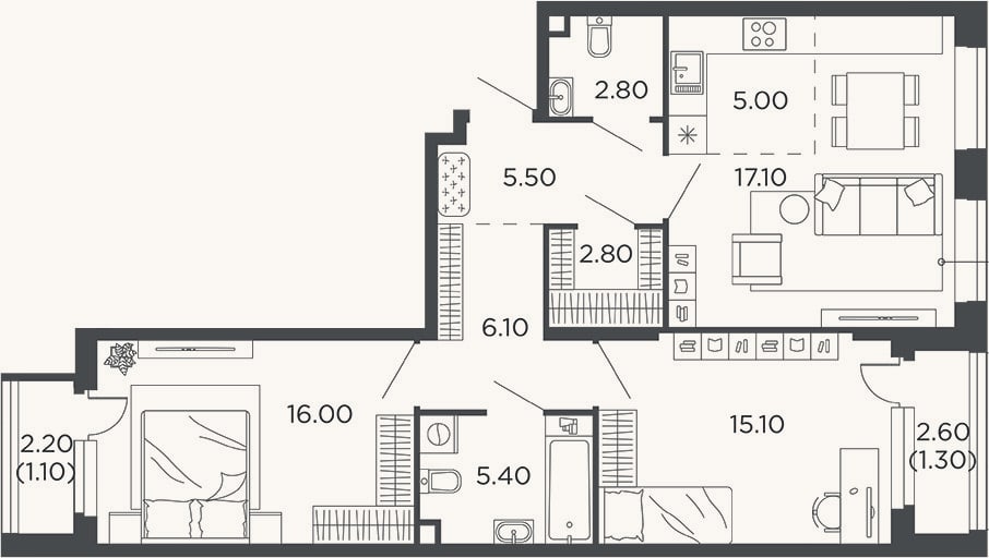 Планировка: 3-к, 75,8 м²