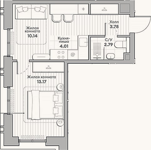 Планировка: 2-к, 33,9 м²
