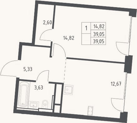 Планировка: 1-к, 39,1 м²