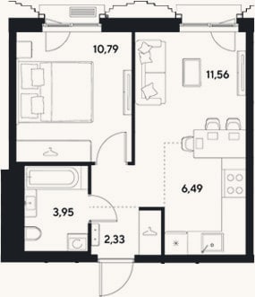 Планировка: 2-к, 35,1 м²
