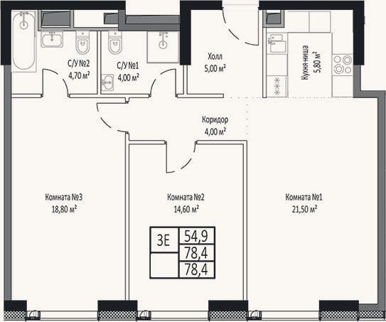 Планировка: 3-к, 78,4 м²