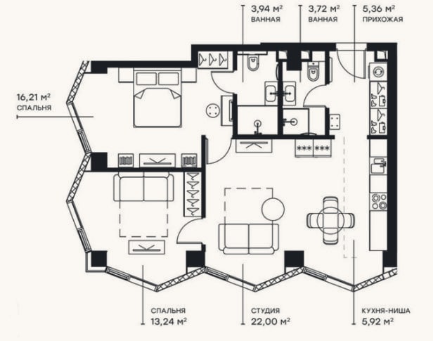 Планировка: 3-к, 70,4 м²