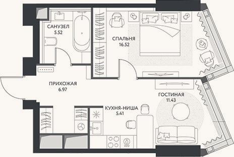 Планировка: 2-к, 45,9 м²