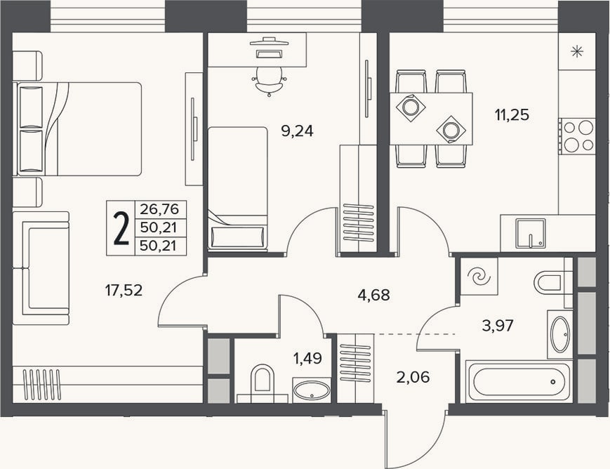Планировка: 2-к, 50,2 м²