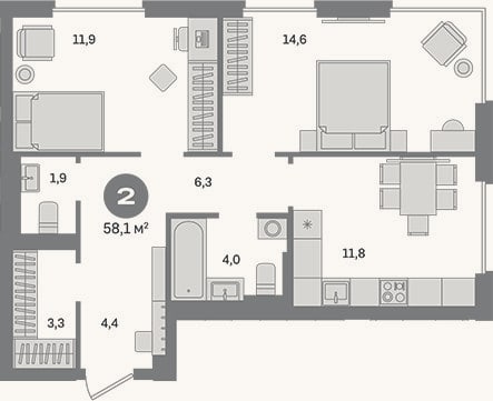 Планировка: 2-к, 58,1 м²
