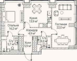 Планировка: 2-к, 71,6 м²