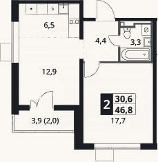 Планировка: 2-к, 44,8 м²