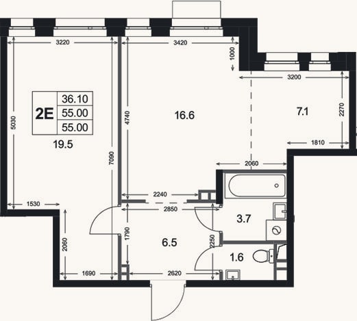 Планировка: 2-к, 55 м²