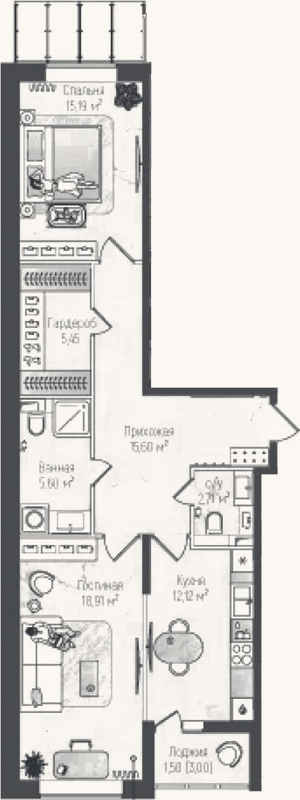 Планировка: 2-к, 75,6 м²