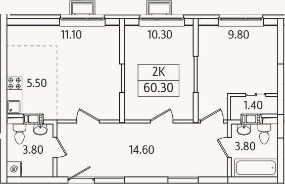 Планировка: 2-к, 60,3 м²