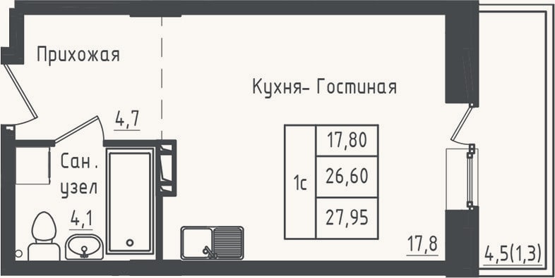 Планировка: Студия, 26,6 м²