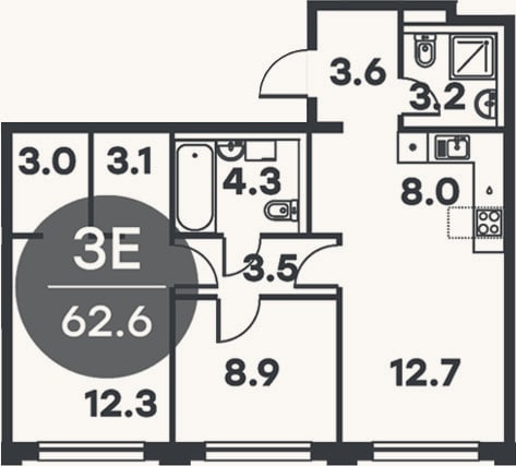 Планировка: 3-к, 62,6 м²