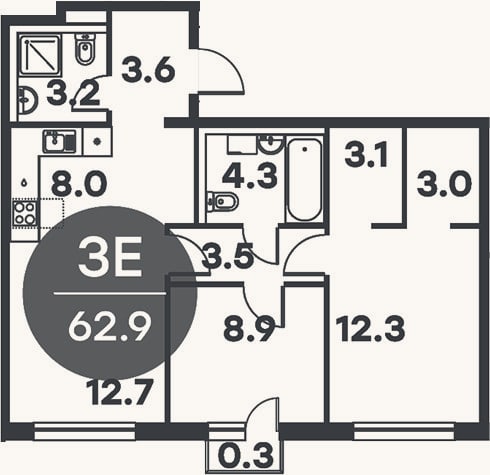 Планировка: 3-к, 62,6 м²