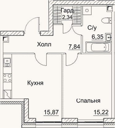 Планировка: 2-к, 47,6 м²